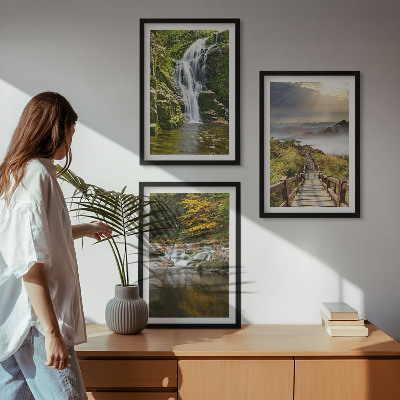 Three-piece wall art piece Waterfalls mountains clouds autumn