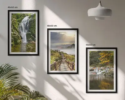 Three-piece waterfall, mountain, and cloud wall art autumn landscape theme