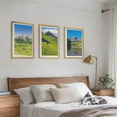 Green hills with a castle framed wall art set of 3 pieces