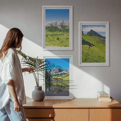 Set of 3 framed wall art pieces Green hills with a castle