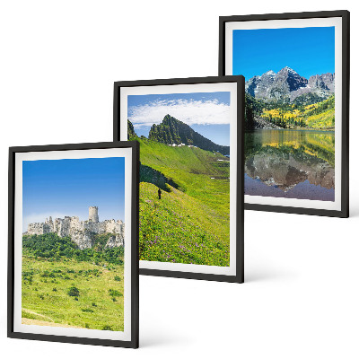 Set of 3 framed wall art pieces Green hills with a castle