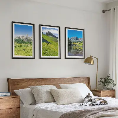 Green hills with a castle framed wall art set of 3 pieces