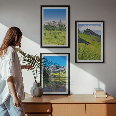 Set of 3 framed wall art pieces Green hills with a castle