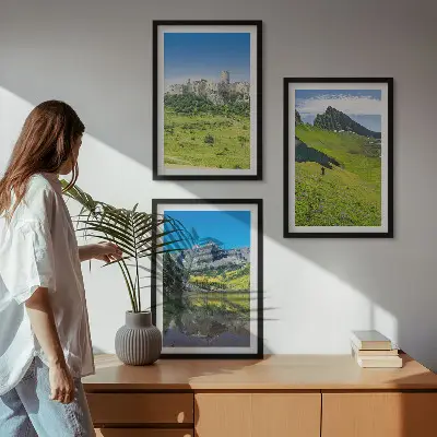 Green hills with a castle framed wall art set of 3 pieces
