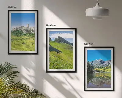 Green hills with a castle framed wall art set of 3 pieces