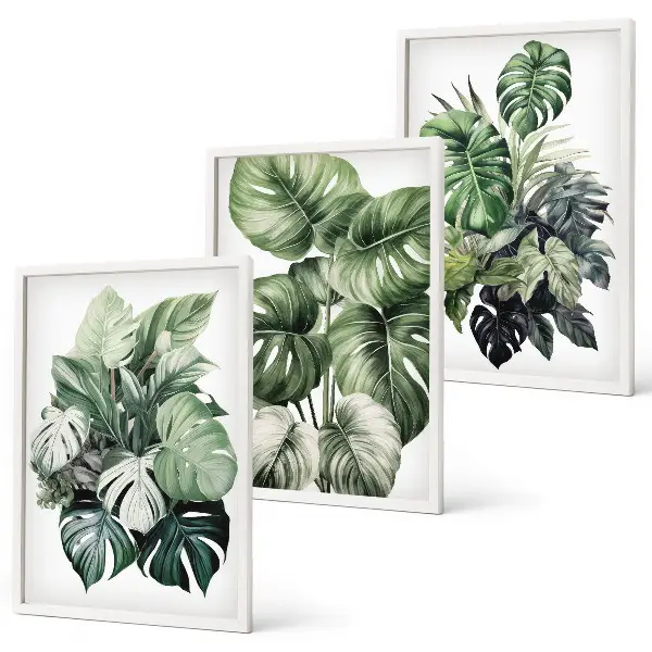 Green tropical leaves watercolor wall art three-piece set