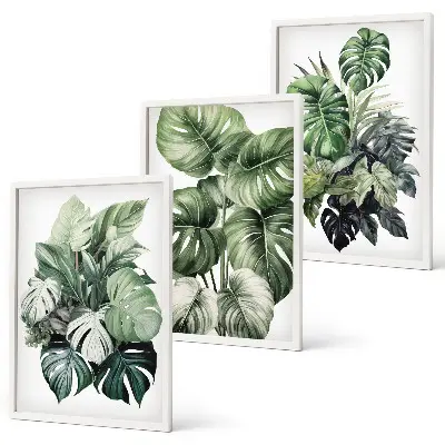 Green tropical leaves watercolor wall art three-piece set