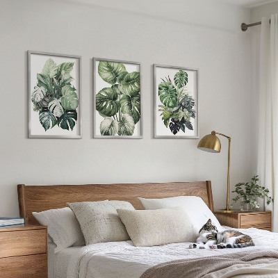 Three-piece wall art piece Green tropical leaves watercolor