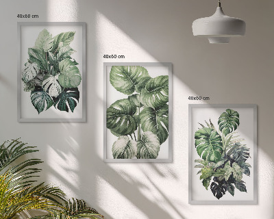 Three-piece wall art piece Green tropical leaves watercolor