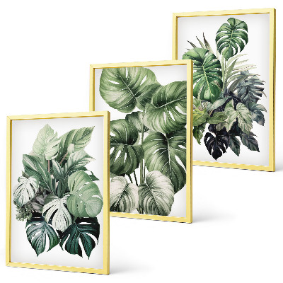 Three-piece wall art piece Green tropical leaves watercolor