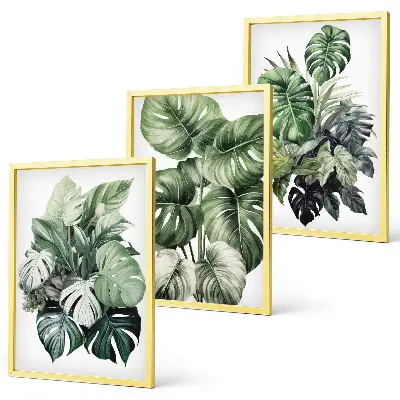 Green tropical leaves watercolor wall art three-piece set
