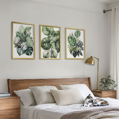 Three-piece wall art piece Green tropical leaves watercolor