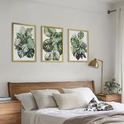 Green tropical leaves watercolor wall art three-piece set
