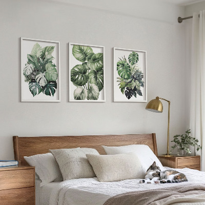 Three-piece wall art piece Green tropical leaves watercolor