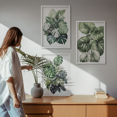 Three-piece wall art piece Green tropical leaves watercolor