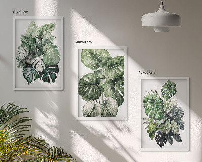 Three-piece wall art piece Green tropical leaves watercolor