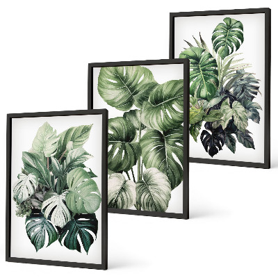 Three-piece wall art piece Green tropical leaves watercolor