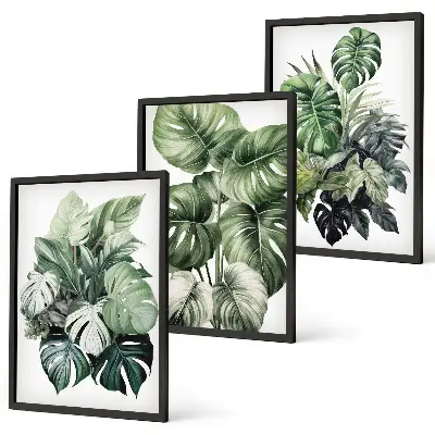 Green tropical leaves watercolor wall art three-piece set