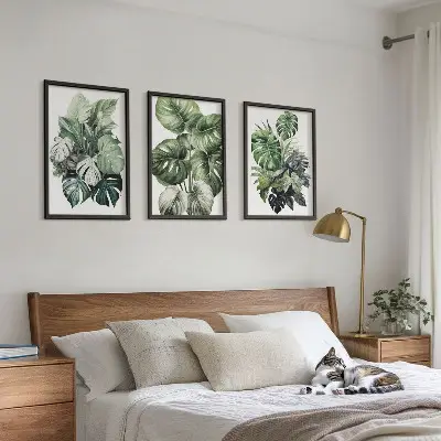 Green tropical leaves watercolor wall art three-piece set