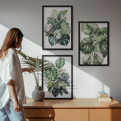 Three-piece wall art piece Green tropical leaves watercolor