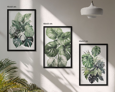 Three-piece wall art piece Green tropical leaves watercolor