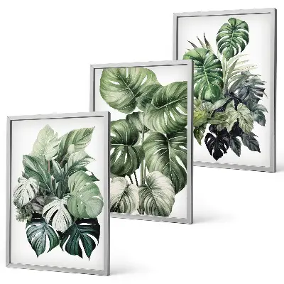 Green tropical leaves watercolor wall art three-piece set