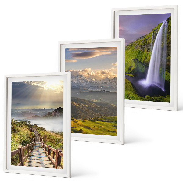 Set of 3 framed wall art pieces Mountain landscapes waterfall