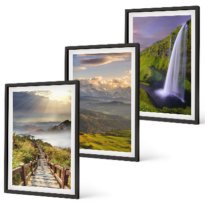 Set of 3 framed wall art pieces Mountain landscapes waterfall