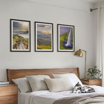 Set of 3 framed wall art pieces Mountain landscapes waterfall