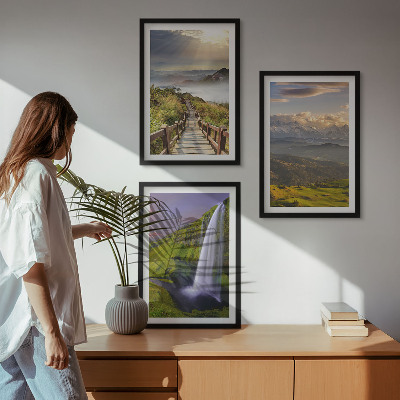 Set of 3 framed wall art pieces Mountain landscapes waterfall