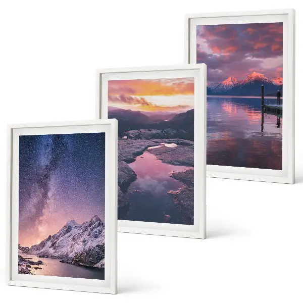 Set of 3 framed wall art prints featuring mountain and landscape scenery