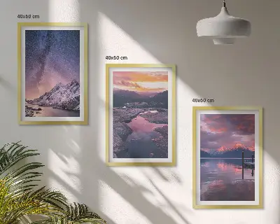Set of 3 framed wall art prints featuring mountain and landscape scenery