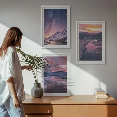 Set of 3 framed wall art prints featuring mountain and landscape scenery
