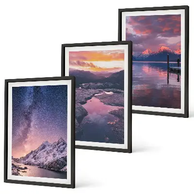Set of 3 framed wall art prints featuring mountain and landscape scenery