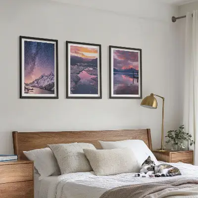 Set of 3 framed wall art prints featuring mountain and landscape scenery