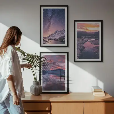 Set of 3 framed wall art prints featuring mountain and landscape scenery