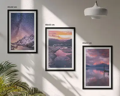 Set of 3 framed wall art prints featuring mountain and landscape scenery