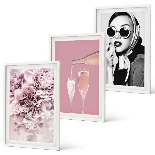 Set of 3 framed wall art pieces Rose flowers and an elegant lady