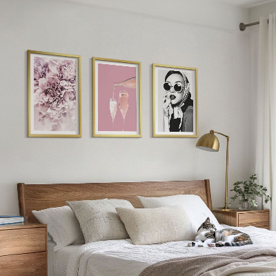 Set of 3 framed wall art pieces Rose flowers and an elegant lady