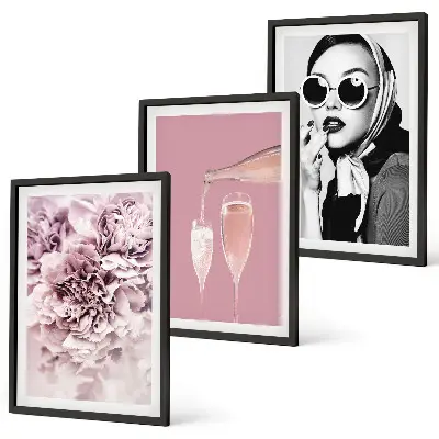 Rose flowers and elegant lady framed wall art set of 3 pieces