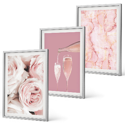 Three-piece wall art piece Champagne roses marble background