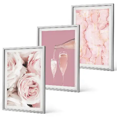 Three-piece wall art champagne roses with marble background