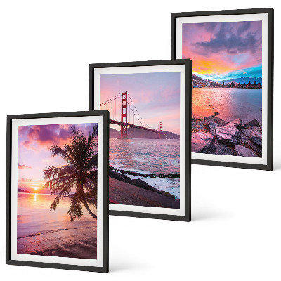 Set of 3 framed wall art pieces Sunset bridge landscape
