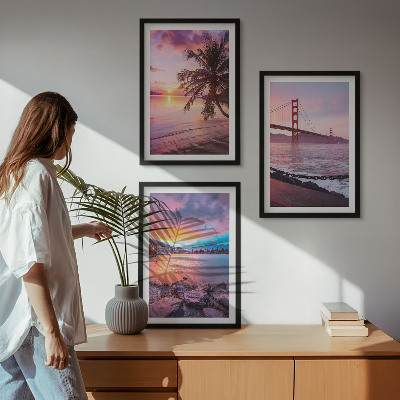 Set of 3 framed wall art pieces Sunset bridge landscape