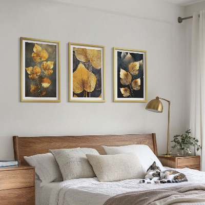 Three-piece wall art piece Yellow leaves on a dark background