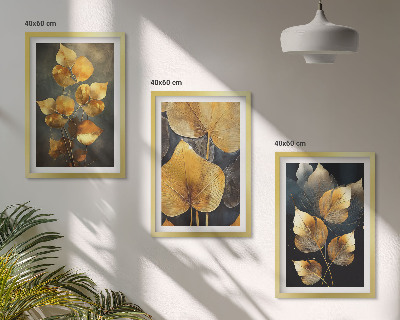 Three-piece wall art piece Yellow leaves on a dark background