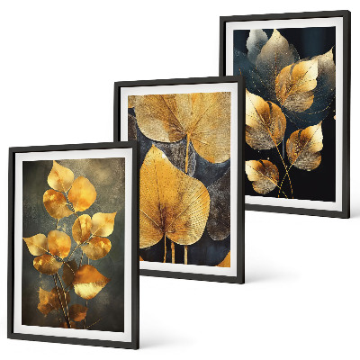 Three-piece wall art piece Yellow leaves on a dark background