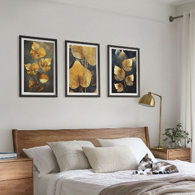 Three-piece wall art piece Yellow leaves on a dark background