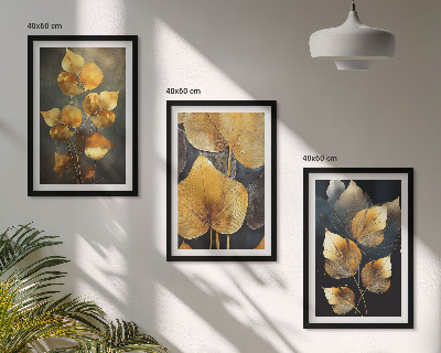 Three-piece wall art piece Yellow leaves on a dark background