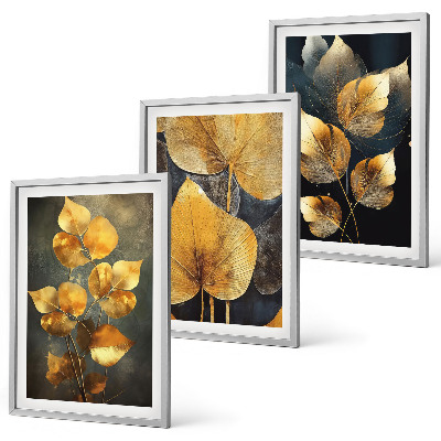 Three-piece wall art piece Yellow leaves on a dark background